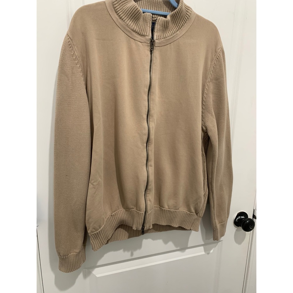 True Measure by JL Powell Mens XL Tan Full Zip Mixed Media Cardigan Sweater Mock